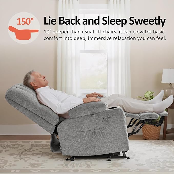 MCombo Large Power Lift Recliner Chair for Elderly, Lift Chair with Heat and Massage, 3 Positions, USB Charge Ports, Cup Holders, Fabric 7099 (Large, Grey)