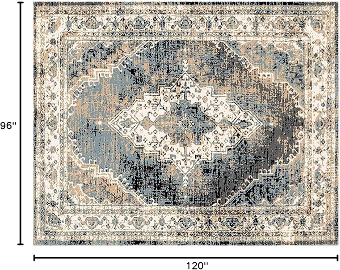 MICRODRY Area Rug, Low-Profile Design for Sleek, Bulk-Free Look. Machine Washable, Stain-Resistant, Skid-Resistant Backing, Ideal for Bedroom, Living Room, Kitchen, Entryway, 8x10, Inez (Cream/Blue)
