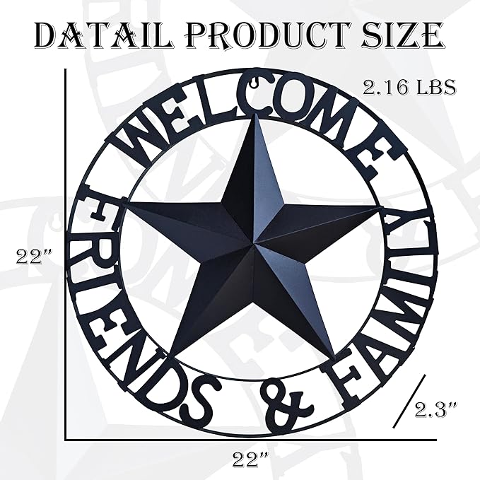 JoyEvy 22" Black Metal Barn Star Welcome Outdoor Wall Sculptures，Metal Star for Outside Wall Hanging,Texas Stars Wall Decor for Rustic Vintage Western Country Farmhouse Primitive House Decoration