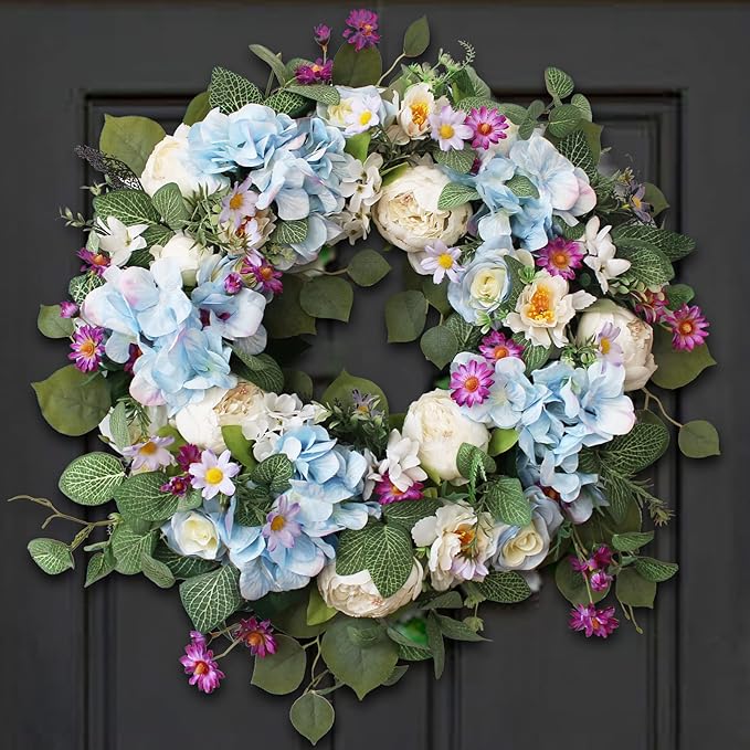24 Inch Spring Wreaths for Front Door, Spring Wreath,Blue Hydrangea Wreath,Large Spring Summer Door Wreaths for Front Door Outside All Season Home Decor (Blue)