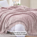 Ultra Soft Fleece Sherpa Blanket King Size,Lightweight Cozy Boho Bed Blanket with Decorative Tassel, Pattern Reversible, 2 Tones Ombre Dusty Pink,104”x90”