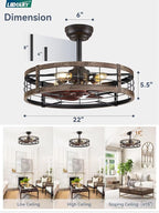 LEDIARY 22 Inch Caged Ceiling Fan with Light, Fandelier Farmhouse Ceiling Fan with Remote, Small Bladeless Fan Lights Ceiling Fixtures for Kitchen, Bedroom, Outdoor-Black and Gold