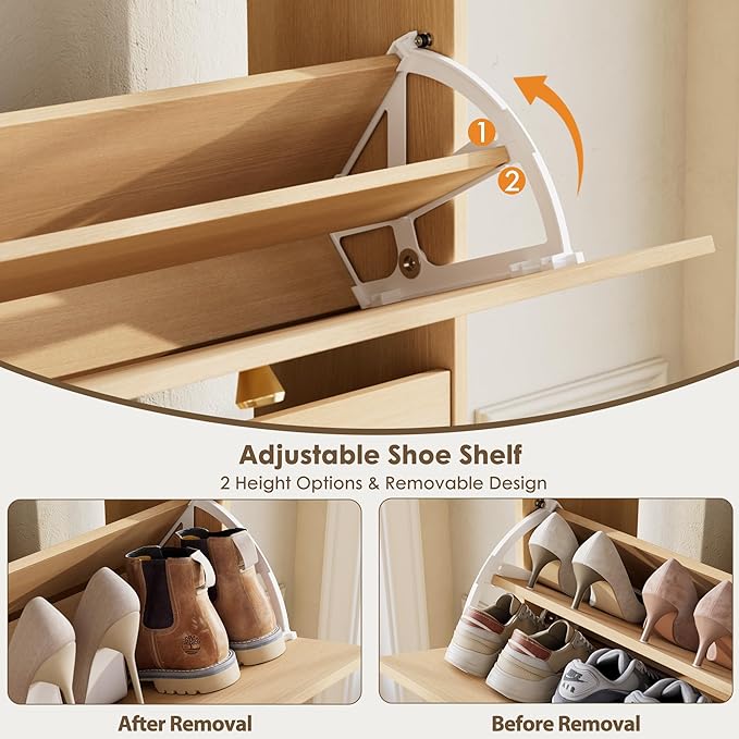 Nicetree Shoe Storage Cabinet with 2 Flip Drawers, Slim Shoe Cabinet, Hidden Shoe Rack Cabinet, Shoe Storage Cabinet for Entryway, Hallway, Foryer, Natural Oak