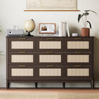 LINSY HOME Rattan Dresser with 9 Deep Drawers, 58" Wide Long Chest of Drawers, Mid Century Modern Tall Dresser, Large Wood Boho Storage Cabinet for Bedroom with Metal Handle and Durable Legs, Walnut