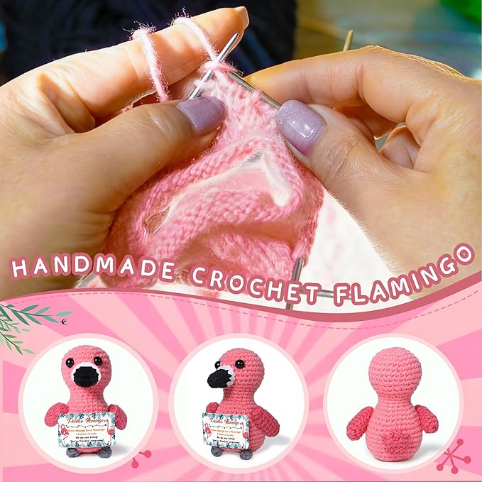Mini Positive Flamingo Crochet Gifts, Birthday Gifts for Women Men Handmade Presents, Inspirational Small Animals Cute Flamingo, Emotional Cheer Up Funny Decor (Awesome)
