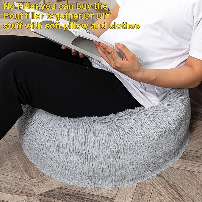 Asuprui Fur Ottoman Stool Unstuffed Footstool Cover Floor Pouf Foot Rest No Filler 20x20x12 Inches Round Poof Seat Foldable Floor Chair Storage for Living Room Bedroom Misty Gray Pouf Cover