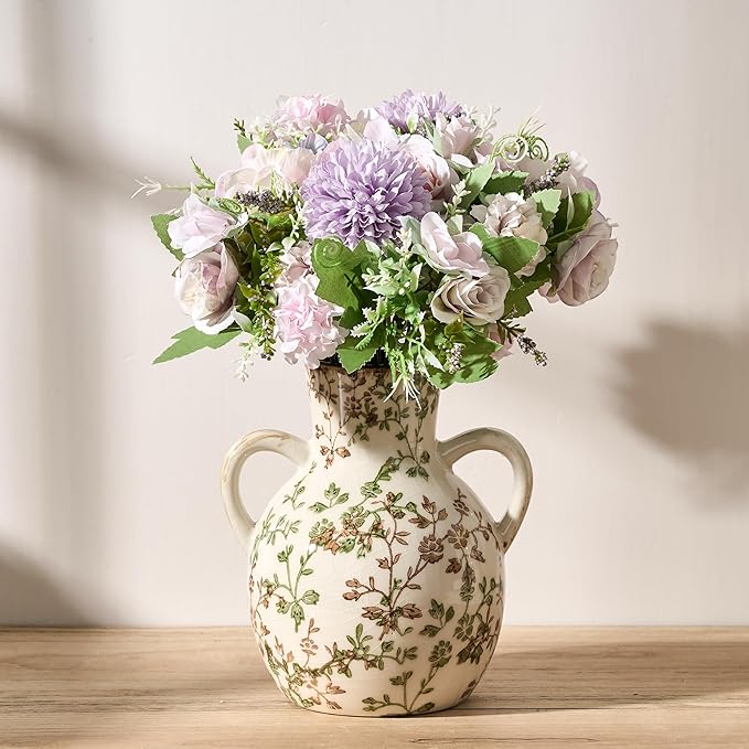 SIDUCAL Ceramic Green and Beige Retro Vase with Handles, 7 Inch Ice Cracked Vintage Pastoral Vase, Rustic Farmhouse Vases for Home Decor, Table, Living Room, Shelf Decor, Chinoiserie Decor