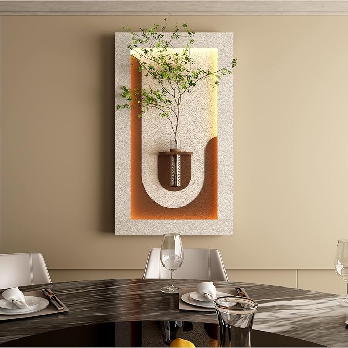 LED Sandstone Wall Decor, 3D Wall Art Sculpture, Simulated Green Plants, Glass Vase & Remote Control 3 Color Light for Living Room, Bedroom, Corridor(Light Coffee,41.4 * 23.6in)