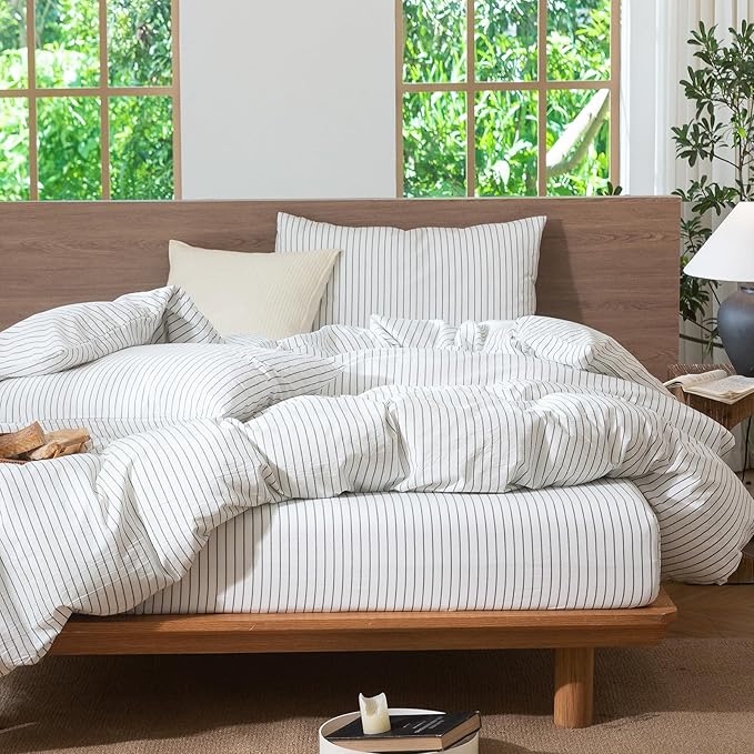 MooMee Striped Duvet Cover Set 100% Washed Cotton Linen Like Textured Breathable Durable Soft Comfy (White Heathered Green Wide Stripes, Twin 68"x90")