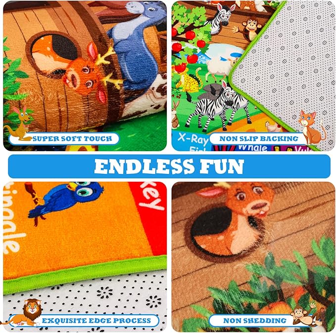 ABC Kids Rug for Playroom 110×78.7 in Noah's Ark Animals Rug Baby Play Mat Alphabet Playmat Shape Color Classroom Carpet Kids Playroom Early Learning Carpet for Preschool Toddlers Tummy