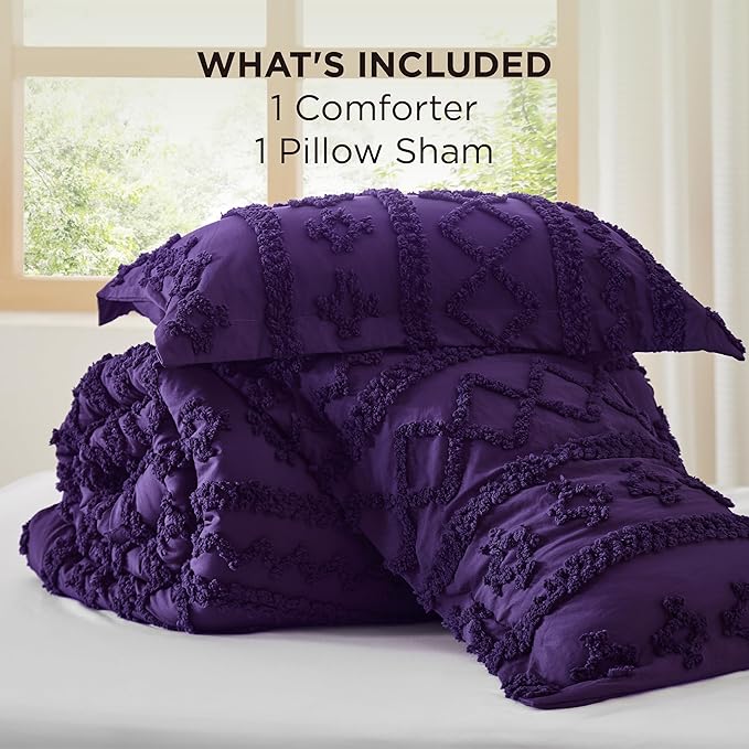 Bedsure Tufted Boho Comforter Set Twin Size - Purple Boho Bed Set, GentleSoft™ 2 Pieces Farmhouse Shabby Chic Embroidery Bedding, Gifts for Woman, Soft Jacquard Twin Comforter for All Seasons