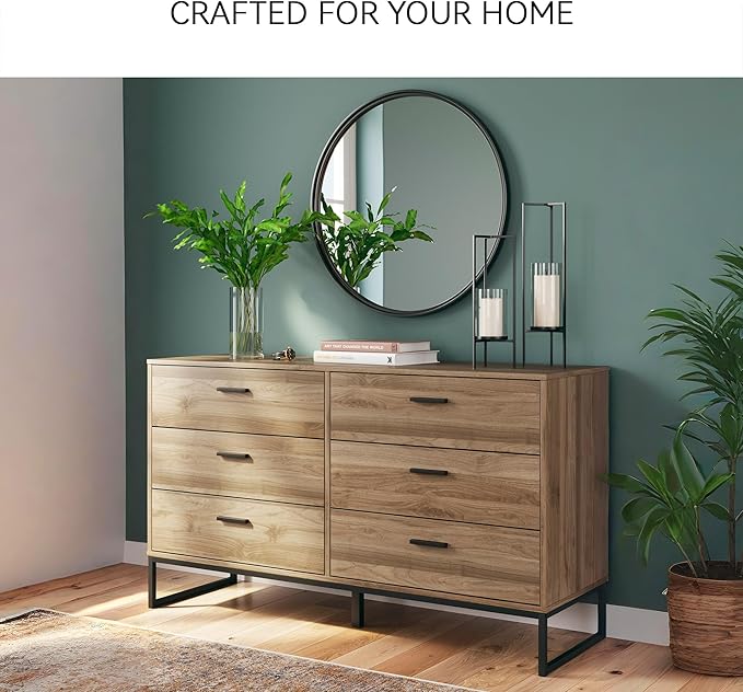 Signature Design by Ashley Deanlow Mid-Century Modern 6 Drawer Dresser with Safety Stop for Bedroom, Light Brown & Black