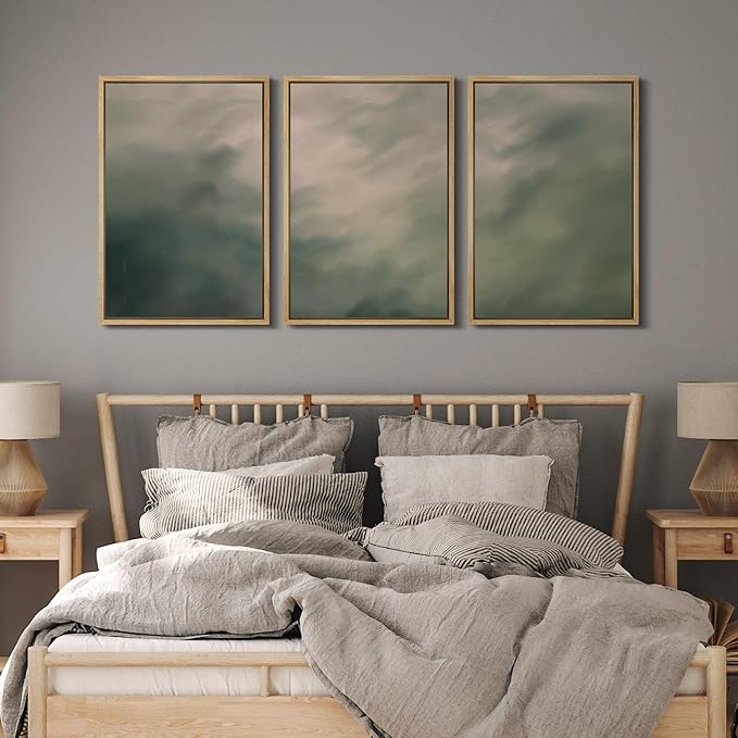 MUDECOR Framed Wall Art Print Set Soft Green Cloudscape Tranquil Abstract Nature Illustrations Modern Art Boho Decorative Colorful Chic for Living Room, Bedroom, Office - 16"x24"x3 Natural