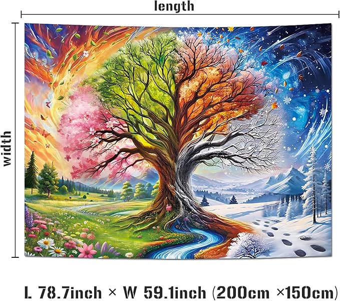 Dermijer Colorful Tree of Life Tapestry Four Seasons Trees Tapestrie Spring Flower Green Summer Autumn Leaves Winter Snowflake Magical Natural Landscape Wall Hanging for Home Decor L78.7×W59.1