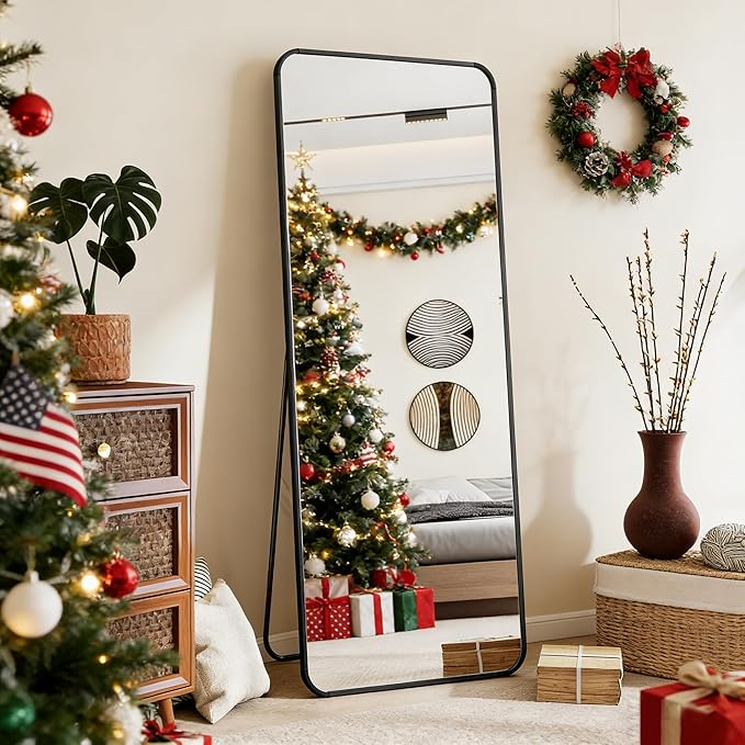 BEAUTYPEAK Black Full Length Mirror, 56"x21" Rounded Corner Floor Mirror Standing Hanging or Leaning Against Wall, Suitable for Bedroom or Dressing Room