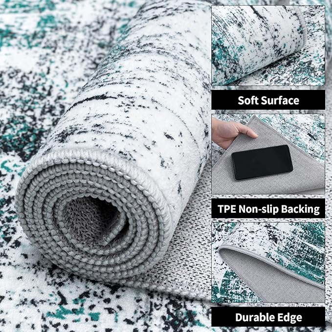 Ciicool Modern Abstract Rug for Living Room, 5'x7' Machine Washable Area Rug Teal Black Non-Slip Accent Rug, Low-Pile Contemporary Indoor Dining Floor Carpet for Bedroom Office Under Table Home Decor