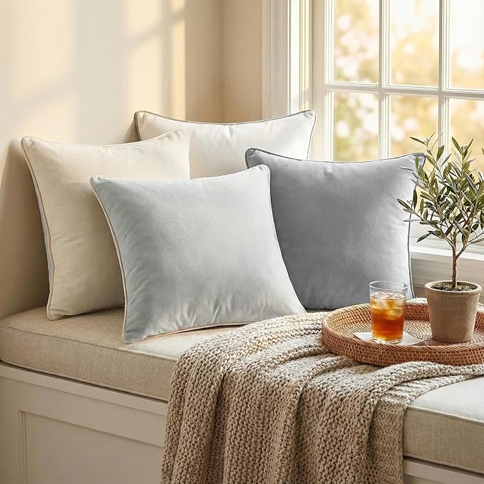 Mecatny Set of 4 Velvet Throw Pillow Covers 20x20, Soft Neutral Accent Decorative Couch Pillow Covers for Sofa Bedroom Living Room, Grey/Beige