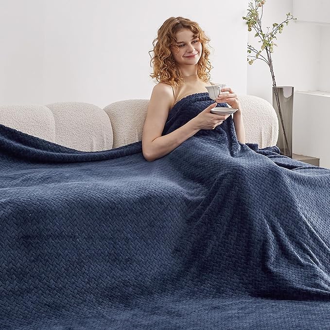 Oversized King Fleece Blanket 120x120 Inches, Seamless Soft Cozy 3D Jacquard Flannel Blanket 10'x10' Extra Large for Bed, Sofa, Couch, Travel & Camping, California King Throw, Navy Blue Leaf