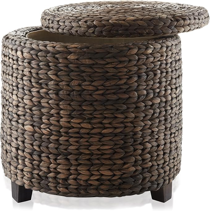 Casafield 17" Round Storage Ottoman with Lid - Espresso, Handwoven Water Hyacinth Footstool for Living Room, Bedroom, Bathroom, Home Office