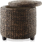 Casafield 17" Round Storage Ottoman with Lid - Espresso, Handwoven Water Hyacinth Footstool for Living Room, Bedroom, Bathroom, Home Office