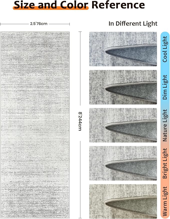Art&Tuft Non-Slip Runner Rug - 2.5x8 Runner Rug Washable Low-Pile Rugs Runners, Soft Distressed Carpet Runner for Bedroom Bathroom Kitchen Laundry Living Room, Grey