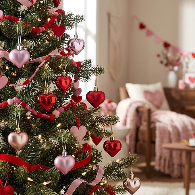Iceyyyy 60Pcs Valentine's Day Heart Ornaments-Valentine's Mother's Day Heart Baubles Shaped Hanging Ornaments Decoration for Valentine Tree Wedding Anniversary Party