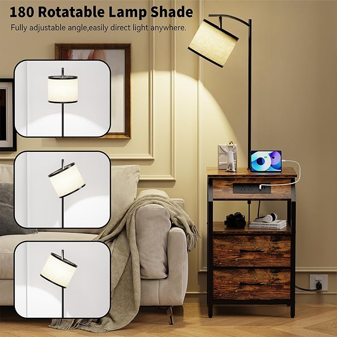 End Table with Floor Lamp, Nightstand with Charging Station, Floor Lamp Table with 3-Color Temperature Bulb, Bedside Table Night Stand with 2 Drawers for Bedroom, Living Room, Brown