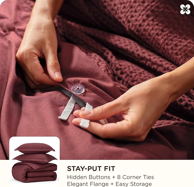 Bedsure Cotton Duvet Cover Queen - 100% Cotton Waffle Weave Maroon Red Duvet Cover Queen Size, GentleSoft™ and Breathable Bedding Set for All Season, 3 Pieces, 90"x90"