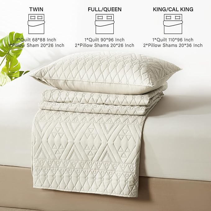 akkialla Full/Queen Quilt Set, Boho Style in a Solid Color, Cream Lightweight Microfiber Bedspread, Soft and Breathable Coverlet for All Seasons, 3-Piece Bedding Set (1 Quilt, 2 Pillow Shams)
