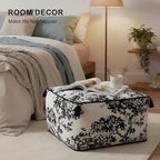 Square Pouf Ottoman Foot Stool with Tassels - Soft Chenille for Living Room & Office - Foot Rest, Home Decor & Removable Cover - Modern Black White Tree Design - 19.7" x 11.8"