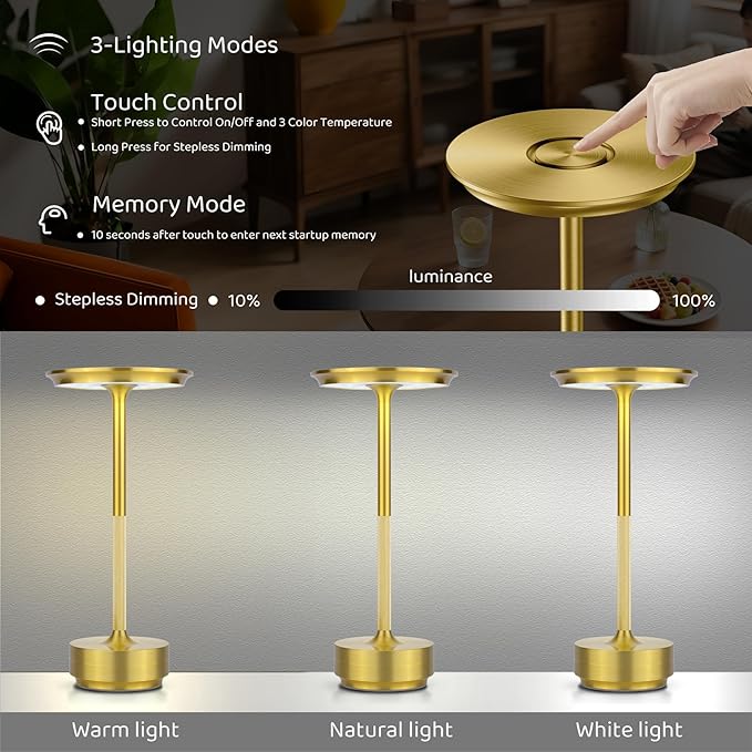2-Pack Cordless Table Lamps Rechargeable - 5000mAh Battery Operated LED Table Light with Touch Stepless Dimming & 3 Color Modes - Portable Gold Metal Outdoor Lamps for Patio, Restaurant, Dining