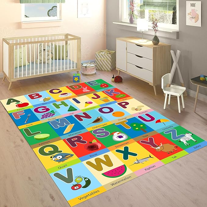 4x5ft ABC Alphabet Learning Rug for Toddlers & Kids - Educational Play Mat with Letters, Animals, Objects，Interactive Colorful Nursery Carpet for Playroom, Bedroom, Preschool Classroom Decor