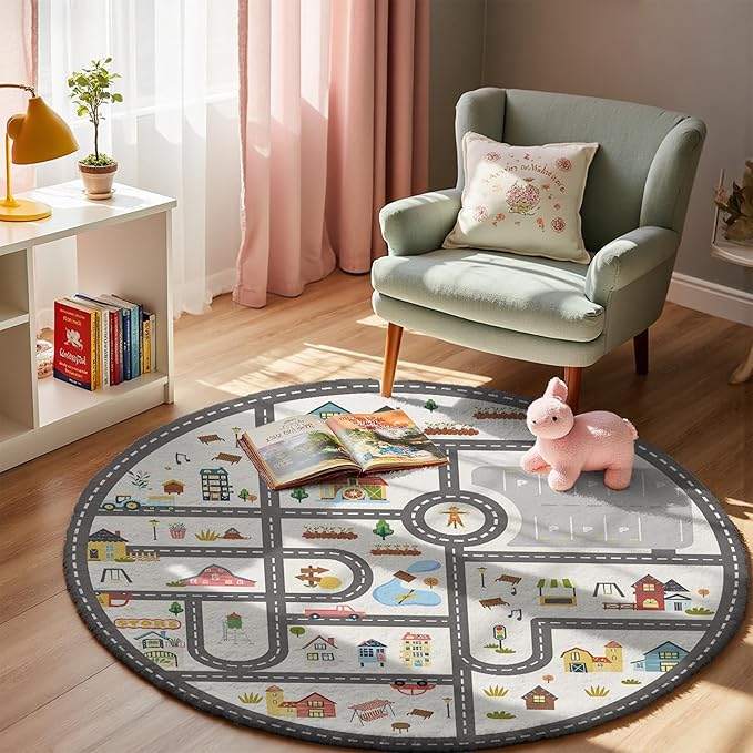 3.3ft Round Kids Town Road Car Play Rug - Non-Slip Faux Wool Carpet with Interactive City Map Design, Educational Toy Vehicle Mat for Kids, Bedroom Playroom Nursery Gift.