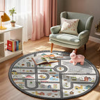3.3ft Round Kids Town Road Car Play Rug - Non-Slip Faux Wool Carpet with Interactive City Map Design, Educational Toy Vehicle Mat for Kids, Bedroom Playroom Nursery Gift.