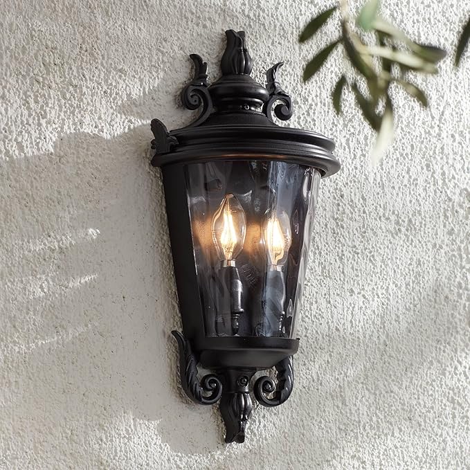 John Timberland Casa Marseille European Outdoor Wall Light Fixture Textured Black Scroll 17" Clear Hammered Glass for Exterior House Porch Patio Outside Deck Garage Yard Front Door Garden Home
