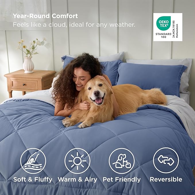 Bedsure King Size Comforter Set - 7 Pieces Reversible Infinity Blue Bedding, King Size Bed Set for All Seasons, Bed in a Bag with Down Alternative Comforter, Sheets, Pillowcases & Shams