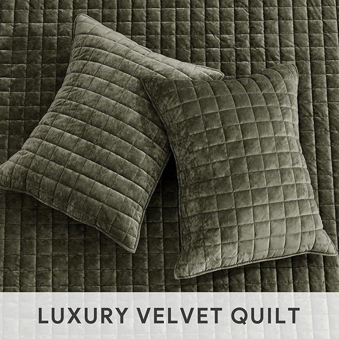 RECYCO Luxury Velvet Quilt Set Full Queen Size, Lightweight Velvet Comforter Set, Oversized Bedspread Coverlet Quilted Bedding Set, with 2 Matching Pillow Shams, for All Season, Olive Green