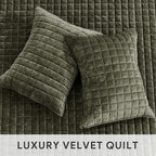 RECYCO Luxury Velvet Quilt Set Full Queen Size, Lightweight Velvet Comforter Set, Oversized Bedspread Coverlet Quilted Bedding Set, with 2 Matching Pillow Shams, for All Season, Olive Green