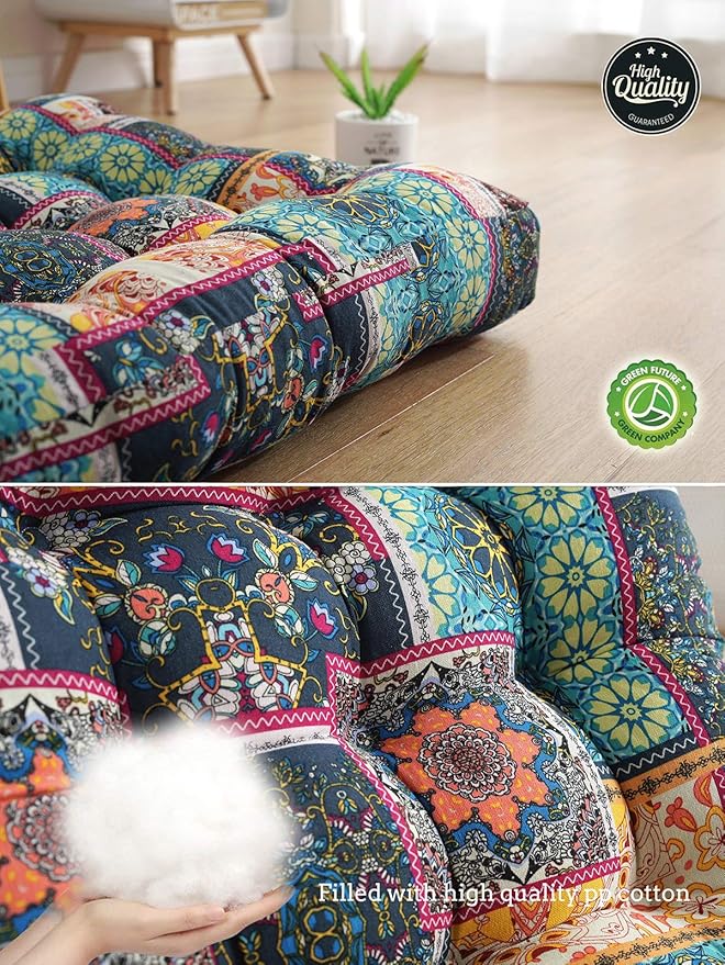 Boho Round Floor Seat Pillows Cushions 22" x 22", Soft Cotton Linen Bohemian Yoga Mandala Meditation Pouf Tatami Floor Pillow Cushion for Living Room Adults & Kids Casual Reading Nooks,Flowers Green