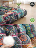 Boho Round Floor Seat Pillows Cushions 22" x 22", Soft Cotton Linen Bohemian Yoga Mandala Meditation Pouf Tatami Floor Pillow Cushion for Living Room Adults & Kids Casual Reading Nooks,Flowers Green