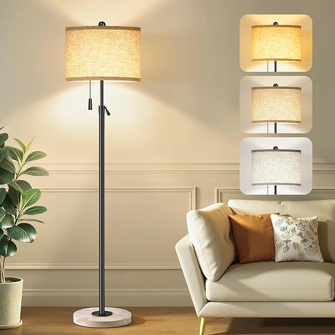 Floor Lamp for Living Room - Adjustable Height Standing Lamp with Marble Base & Linen Shade - Tall Pole Floor Light with 3 Color Temperatures Bulb for Bedroom, Reading - Easy Assembly