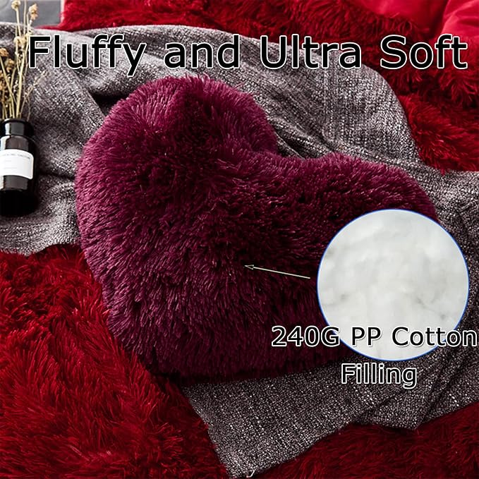 MorroMorn Fluffy Heart Throw Pillows, Shaggy Decorative Pillow for Sofa Couch Bed, Cute Room Decor Decorations for Women Girls Kids (Maroon)