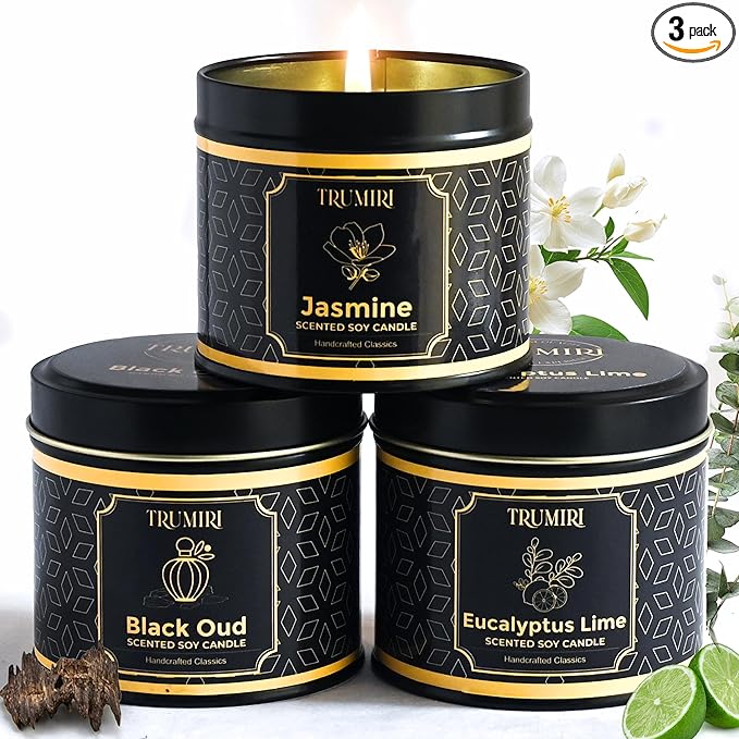 Candle Gift Set of 3 Black Oud|Jasmine|Eucalyptus Lime Highly Scented Soy Candels Natural Non Toxic Velas Aromáticas Favors for Women Coworkers Friends Guests Also for Fall Diwali Christmas Holidays