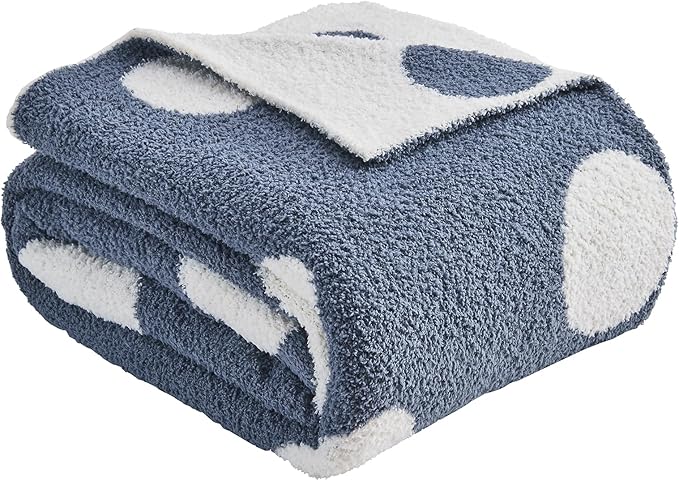 CozeCube Super Soft Fullfy Microfiber Reversible Knitted Blankets, Warm Cozy Fuzzy Plush Throw, Dusty Blue and White Polka Dot Throw Blanket for Couch Bed Sofa, 60" x 80"