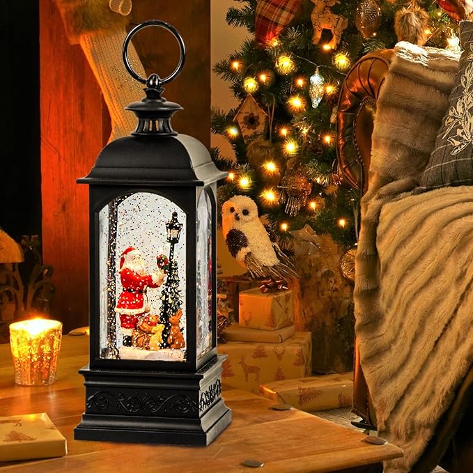 Eldnacele Santa Music Snow Globe Lantern with 6 Hour Timer, Battery Operated & USB Powered Singing Lighted Lamp Swirling Water Glittering Christmas Decoration Holiday Decor Lantern