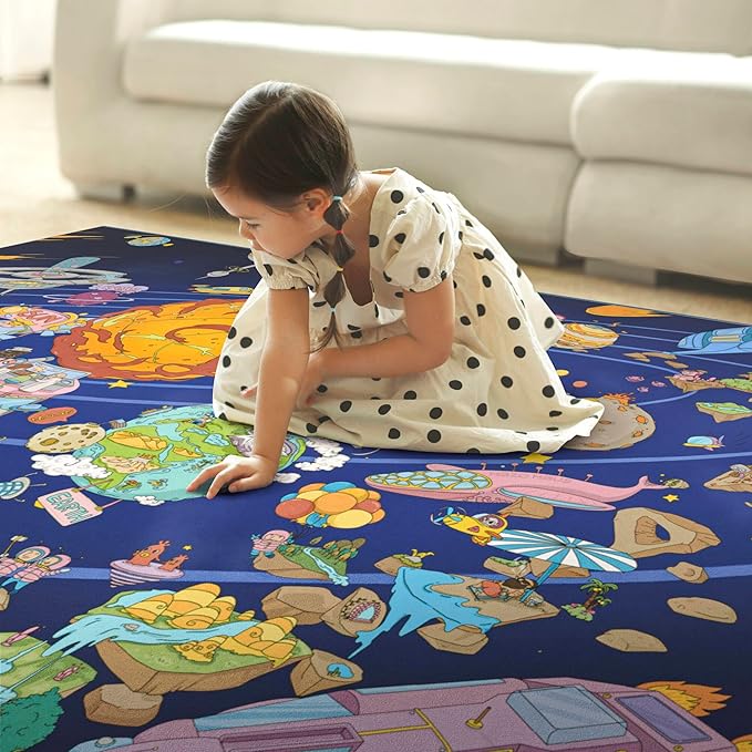 Outer Space Adventure 5x7 Kids Rug – Vibrant Galaxy Scene with Planets, Astronauts, Spaceships & Fun Details – Perfect Playroom or Bedroom Carpet for Learning & Imagination