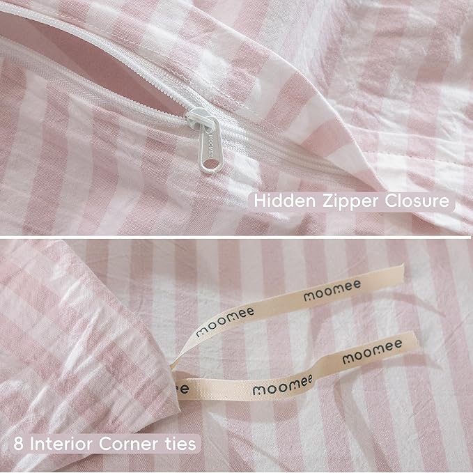 MooMee Striped Duvet Cover Set 100% Washed Cotton Linen Like Textured Breathable Durable Soft Comfy (Heathered Greyish Pink Classic Stripes, Twin 68"x90")