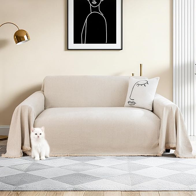 Couch Cover for Dogs, Non Slip Sofa Cover, Washable Couch Covers, 2 Cushion Sofa for Dogs Furniture Protector with Tassels Chenille Sofa Covers for Pets (Tassel Beige, 71" x 102")