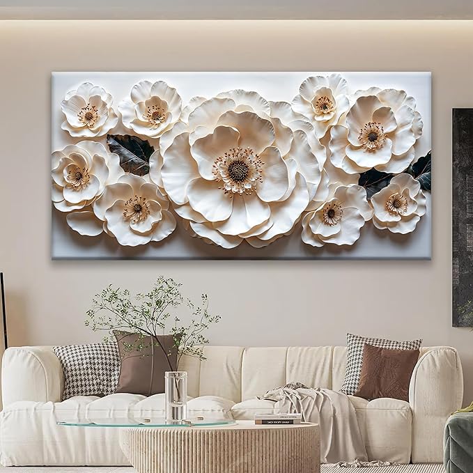 Large Wall Art For Living Room Floral White Wall Art Modern Canvas Art Wall Decor 29" X 58" Painting White Flower Wall Art Print Picture For Bedroom Home Office Decoration