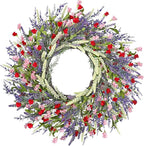 26 Inch Lavender Wreath Summer Spring Wreaths for Front Door Wreaths for Front Door for Wedding Farmhouse (Red Pink Lavender)